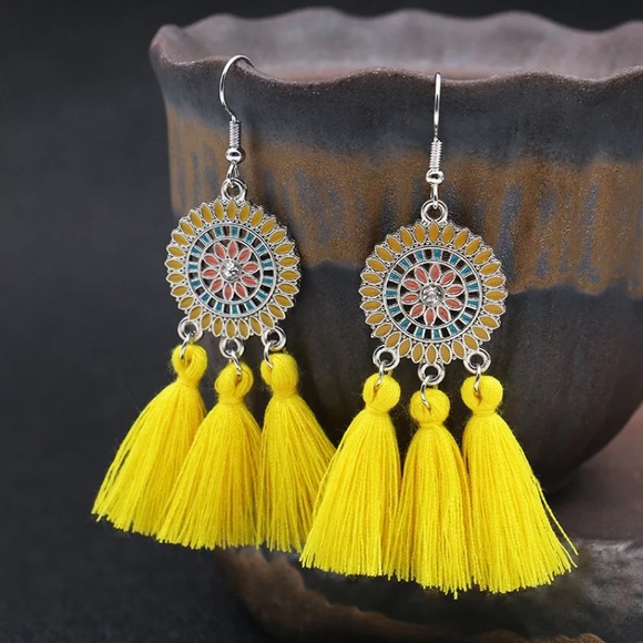 Yellow geometric boho dream catcher drop earrings - Picture 2 of 2